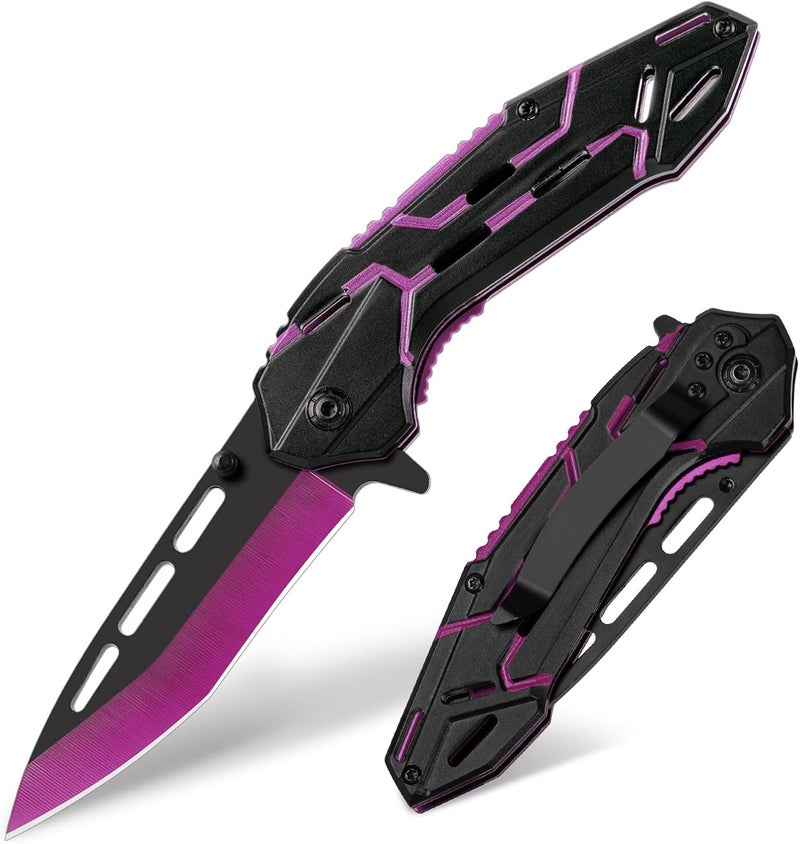 FUNBRO Pocket Knife for Women & Men, Cool Folding Knife with 3.4” Stainless Steel Sharp Blade, Flipper Open EDC Knives with Clip for Outdoor Camping Hiking (Purple) - Image 1